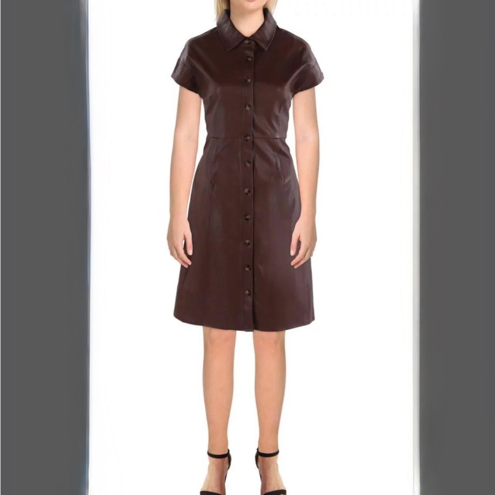 Gracia faux leather short sleeve brown small midi dress button front pockets new